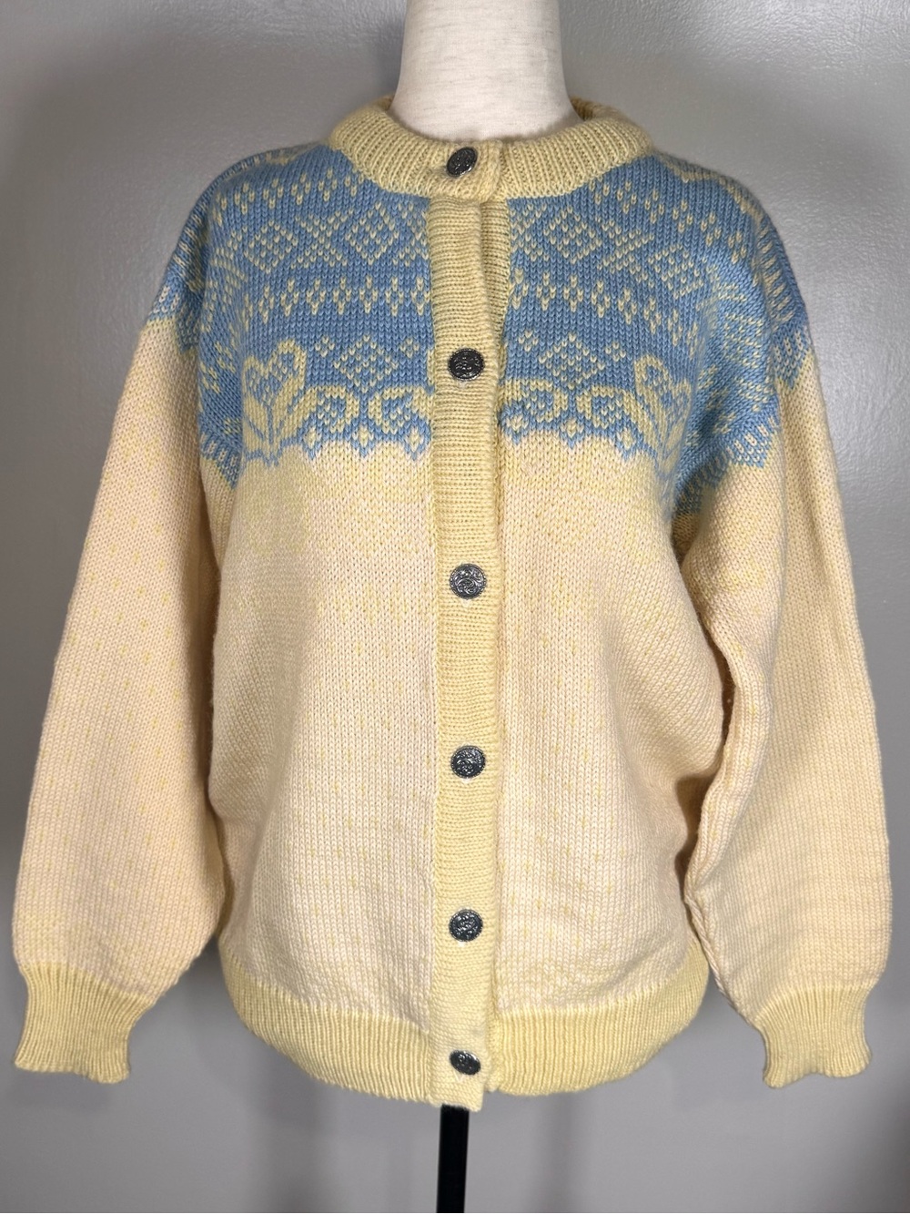 Dale of Norway Yellow Blue Fair Isle Metal Button 100% Wool Vintage Ski Cardigan
